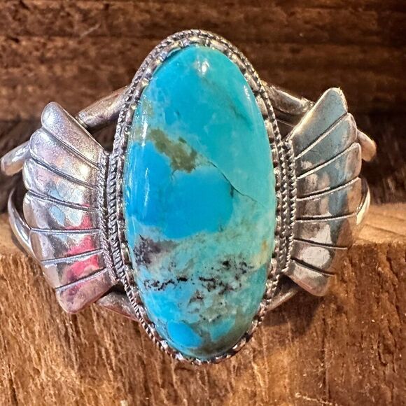 Native American Turquoise Winged Abedabun Sterling Silver Cuff Bracelet in Gift - Picture 3 of 14